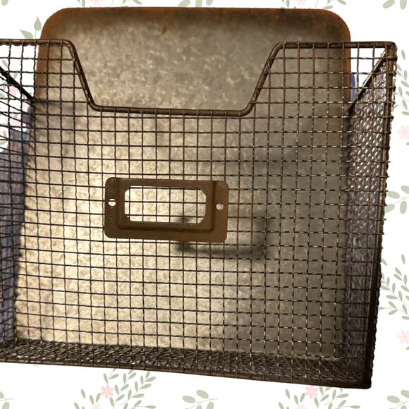 Vintage Industrial Wire Wall Basket with Galvanized Metal Backing - Picture 4 of 10